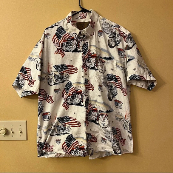 VTG North River Outfitters Men's MOTORCYCLE USA FLAG HIGHWAY Shirt Size XL - Picture 1 of 5